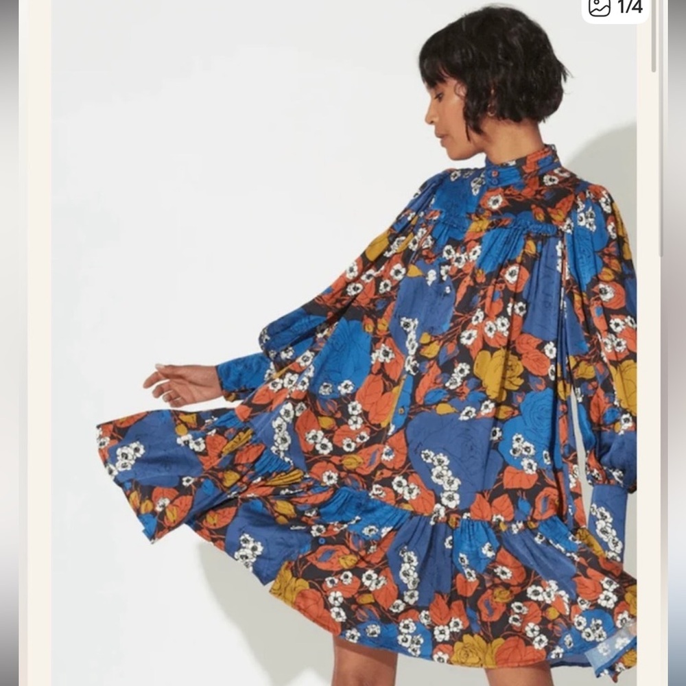 Cleobella Blue Floral Swing Dress with Orange & Mustard Accents